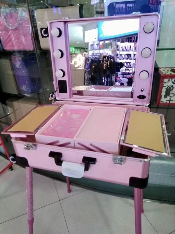 Kasus Make-up Kaki berdiri yang dapat disesuaikan Koper tugas berat Lampu LED Cermin Kosmetik Rolling 4 Roda Trolley Kasus Make-up