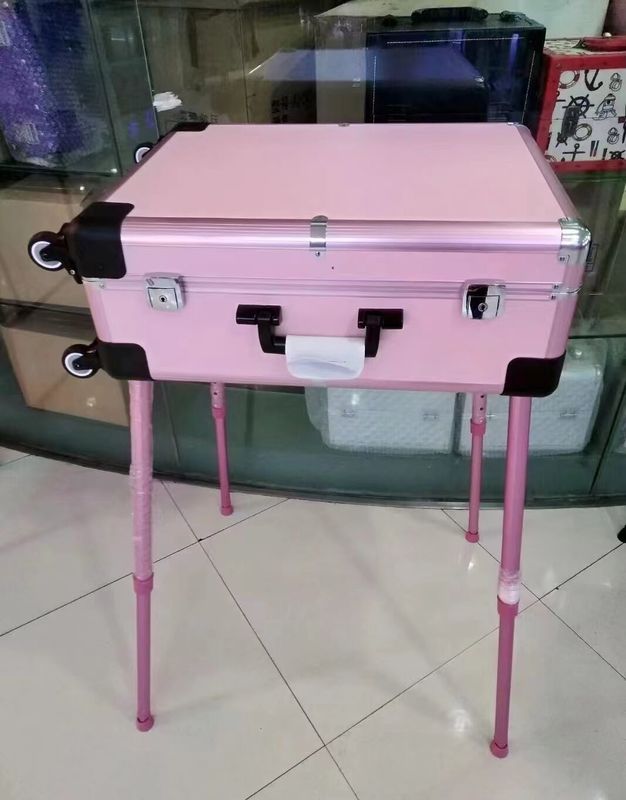 Kasus Make-up Kaki berdiri yang dapat disesuaikan Koper tugas berat Lampu LED Cermin Kosmetik Rolling 4 Roda Trolley Kasus Make-up